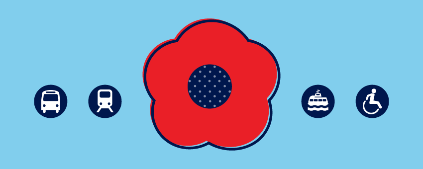 Bus, SkyTrain, SeaBus, and transit accessibility icons aligned with one red poppy illustration