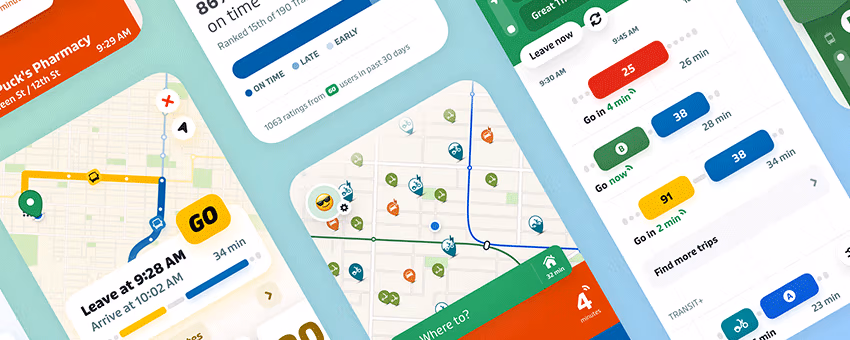 Various screenshots from within the Transit mobile app