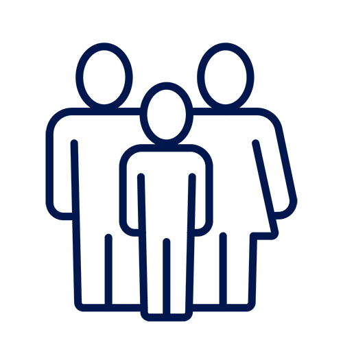 A stylized icon representing family support, depicting a family unit with two adults and a child, symbolizing care and togetherness.