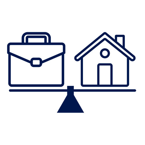 An icon of a briefcase and a house on a see saw depicting work life balance.