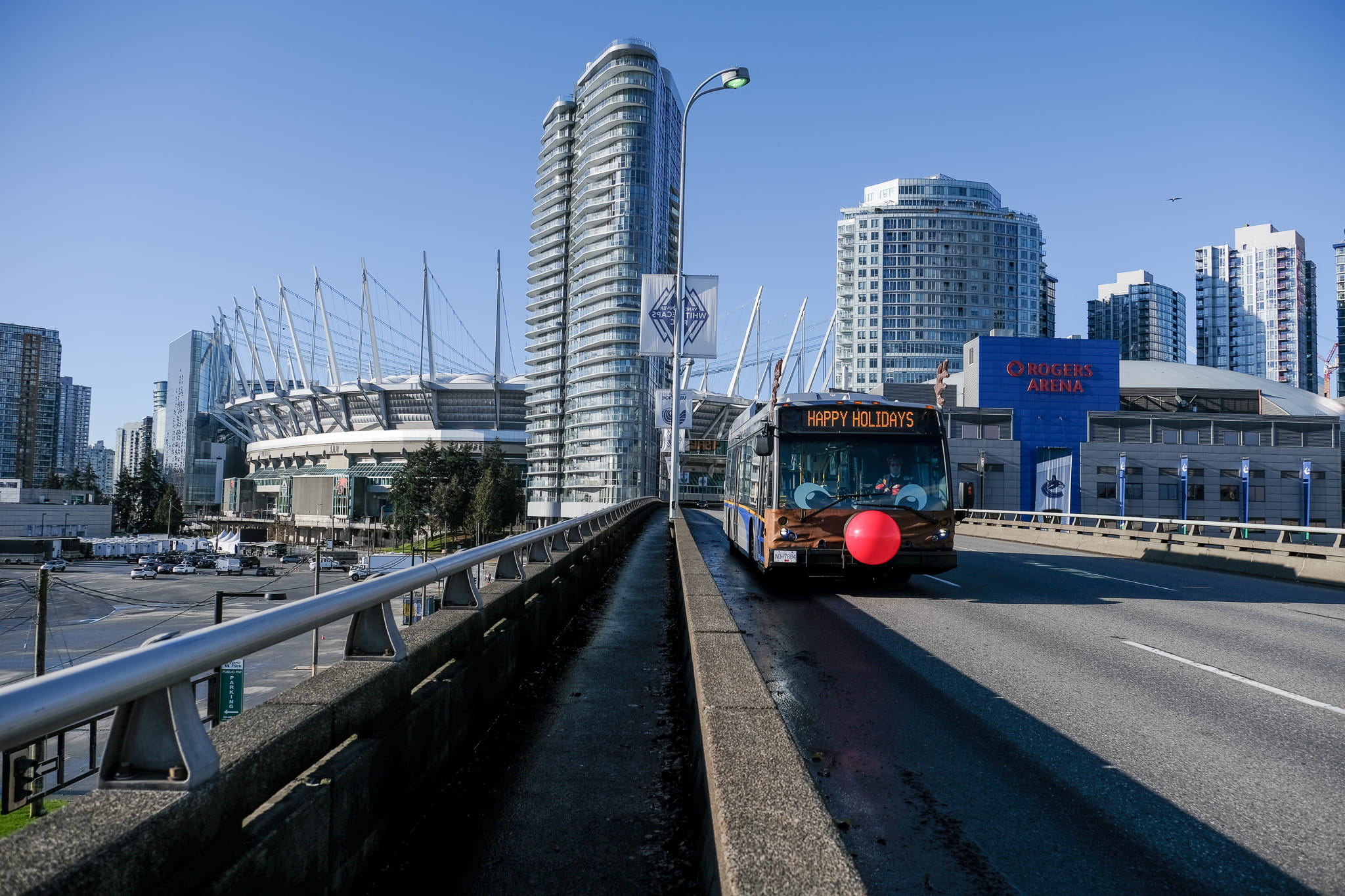 Reindeer Bus driving on the Dunsmuir Viaduct