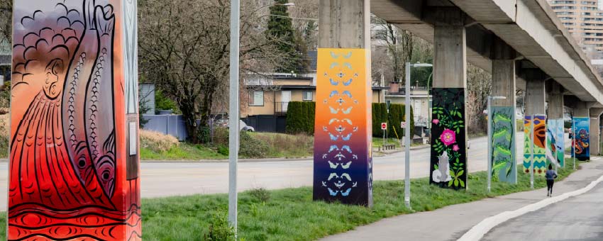 Indigenous artwork on pillars at Stewardson Way