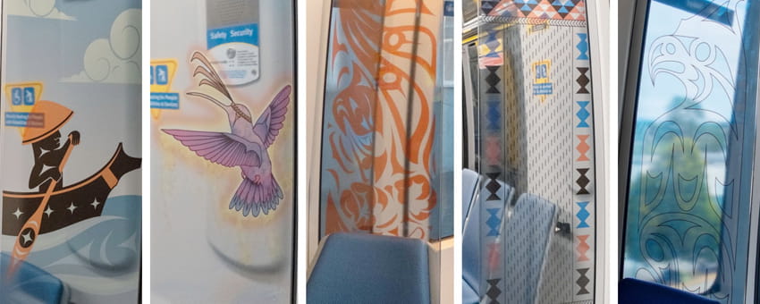 Collage of five artwork inside Mark V SkyTrain