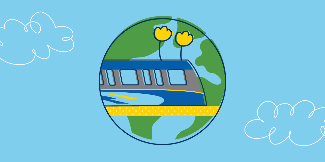 Illustration of a SkyTrain on top of the earth, surrounded by plants and flowers.