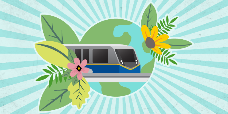 Illustration of a SkyTrain on top of the earth, surrounded by plants and flowers.