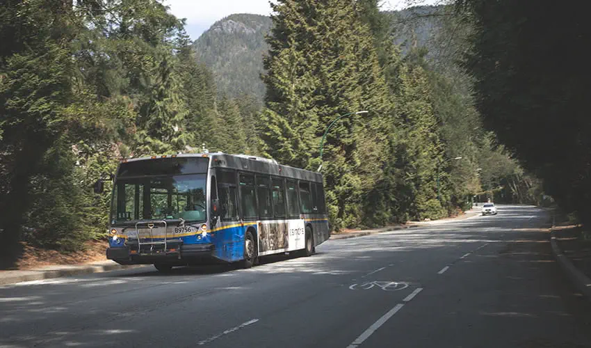 A TransLink Charter bus cruising along a scenic green highway