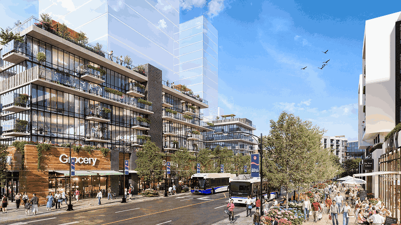Rendering of Newton High Street with pedestrians walking
