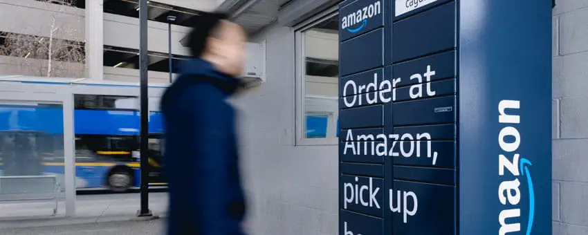 Amazon Storage Lockers at Bridgeport Station being approached by customer