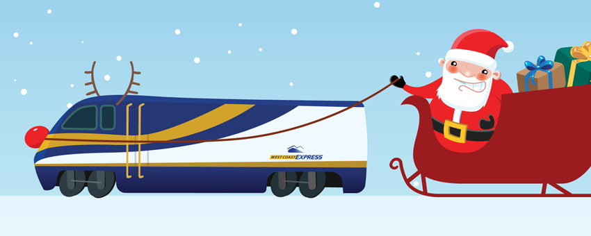 Santa and his sled being pulled by West Coast Express train with Rudolf nose illustration