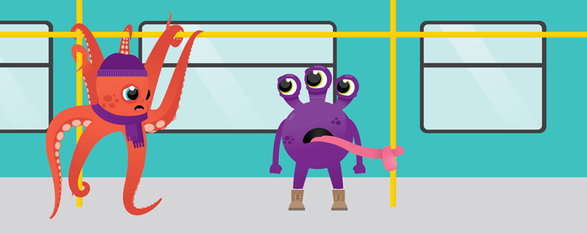 Cartoon octopus and alien holding onto transit hand rail illustration