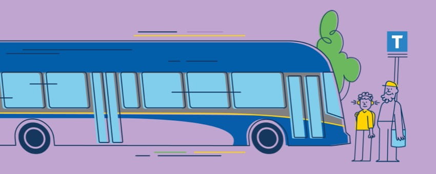 Illustration of a Bus Rapid Transit (BRT) vehicle in motion, with two people waiting at a bus stop featuring a tree and a transit sign, symbolizing an efficient and accessible public transportation system.