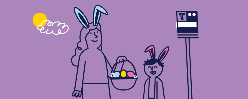 Illustration of a woman and child wearing bunny ears, holding an Easter basket, standing near a transit stop on a sunny day.