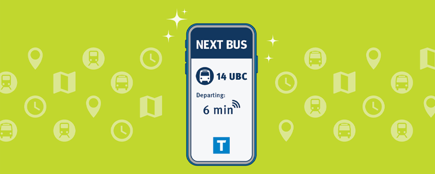 Illustration of phone with Next Bus mock up