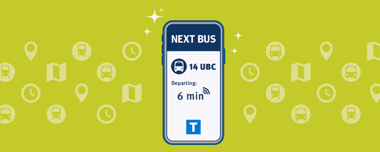 Illustration of phone with Next Bus mock up