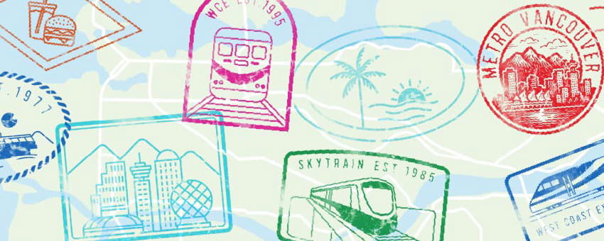 Illustration of a map of Metro Vancouver covered in transit-themed passport stamps
