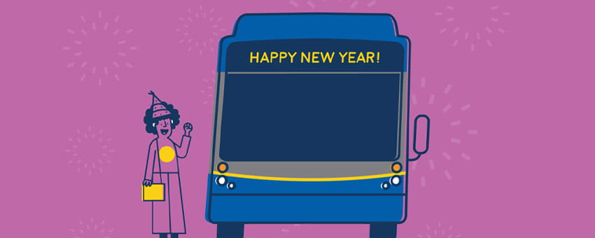 Illustration of passenger and 'Happy New Year!' sign on the bus