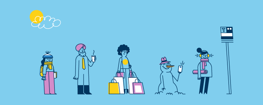 Illustration of passengers lined up in front of the bus stop