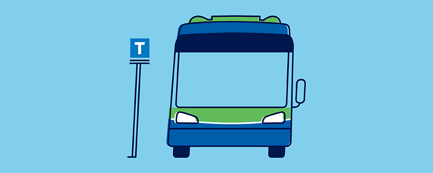 An illustration of a RapidBus next to a bus stop pole