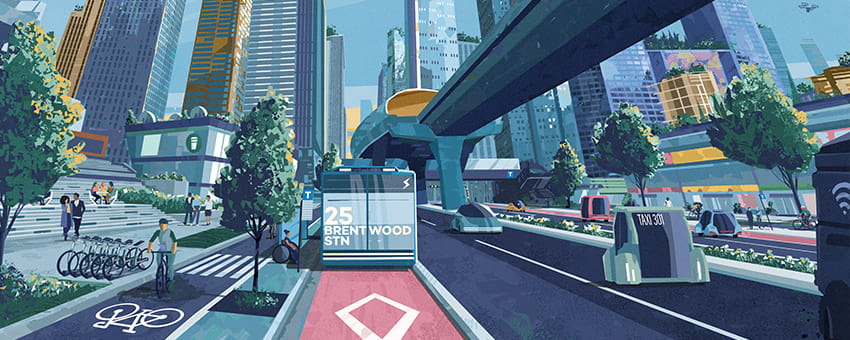 Major Boulevard, Urban Centre: Traffic-separated transit and walking, biking, and rolling make it safe and comfortable to travel. At the same time, shared autonomous vehicles provide convenient options for people to access the convenience of a car, without the burdens of ownership.