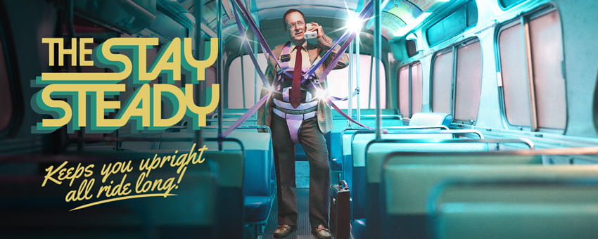 Illustration of a passenger standing on a bus with the title 'The Stay Steady'