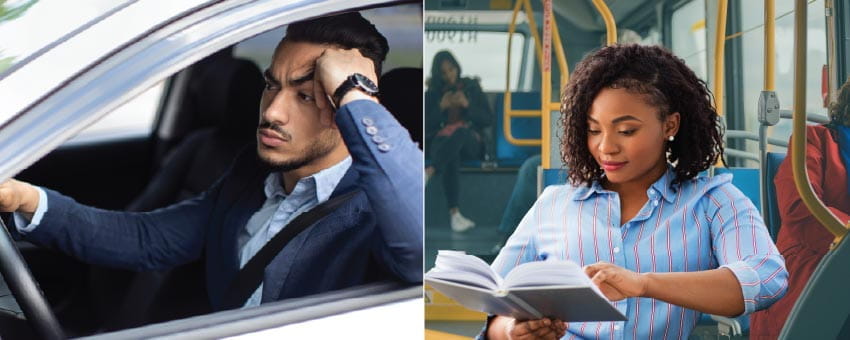 Man stressed while driving a car beside woman relaxed and reading on a bus.
