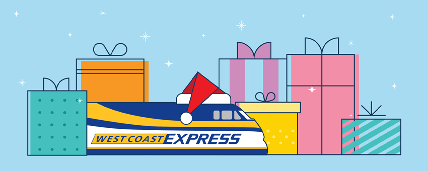 West Coast Express train surrounded by wrapped gifts illustration