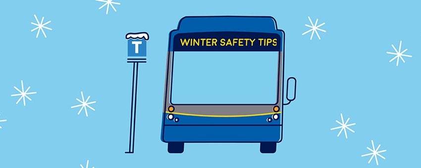 An illustration of a TransLink CMBC bus parked at a bus stop during snowfall, capturing a winter scene.