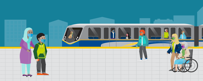 Illustration of people walking towards a SkyTrain docked at a station