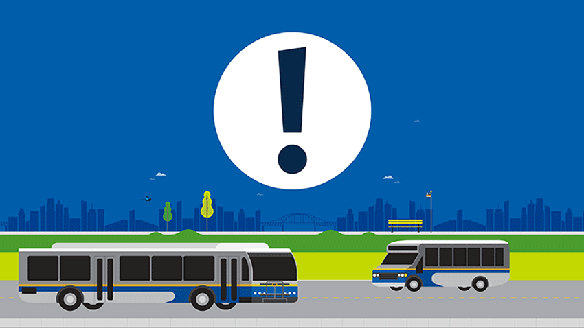 An illustration of two buses driving on a road at night with a big alert icon floating above in the sky