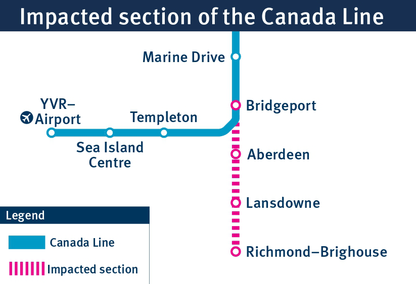 A map indicating that the Richmond Brighouse section of Canada Line will be impacted