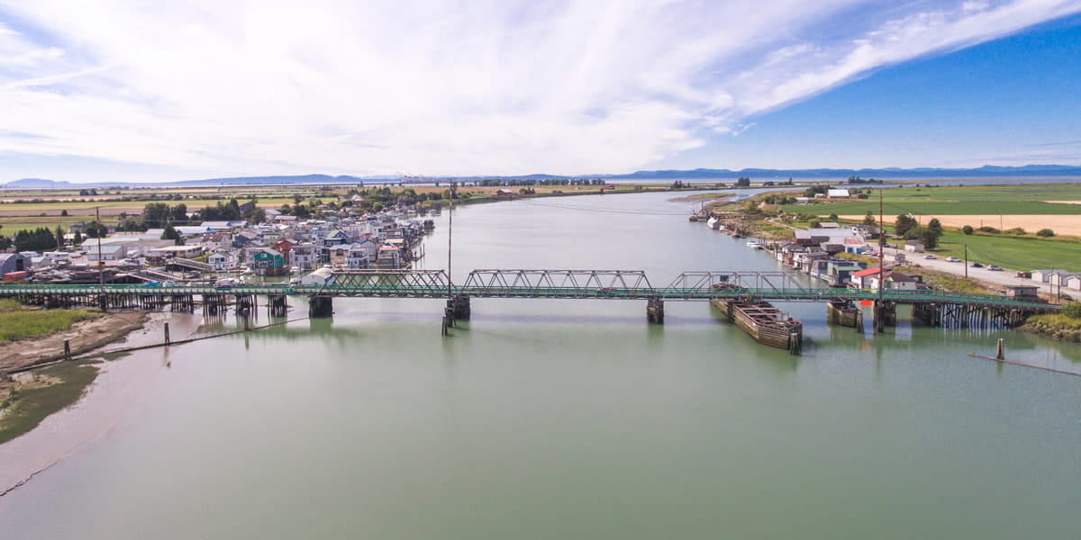 Westham Island Bridge pictured from above with surrounding farmland and housing.
