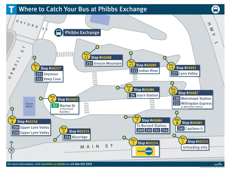 Map displaying new bus bays and routes at Phibbs Exchange beginning May 2024