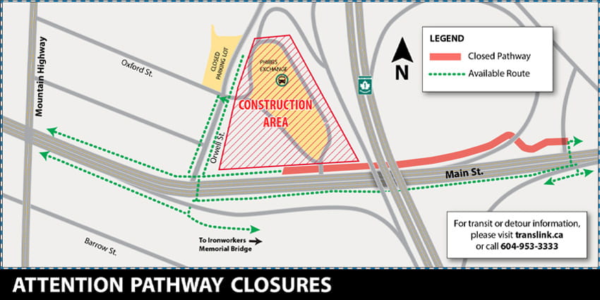 Pedestrian and Cycling detour map for Phibbs Exchange pathway closure facing North