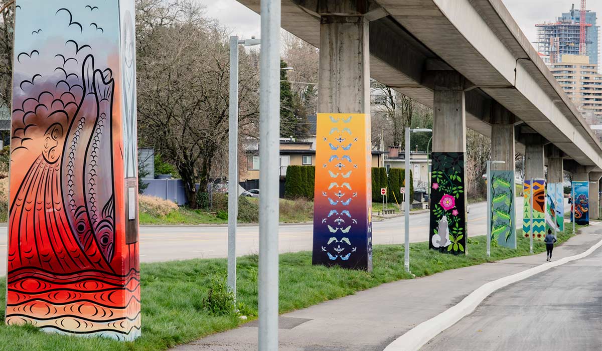 Seven public art installations on pillars along Stewardson Way