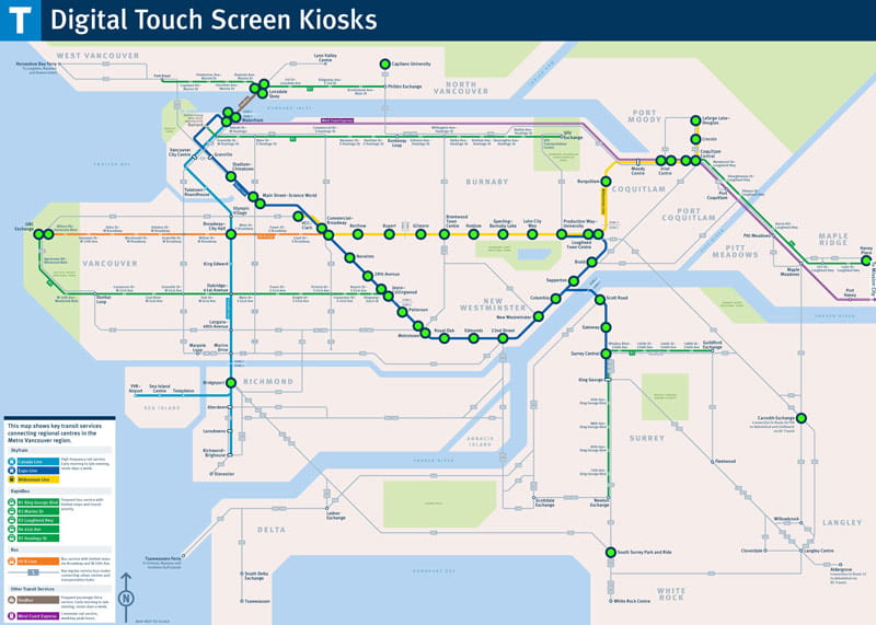 Location Map of Digital Touch Screen Kiosks across the TransLink network