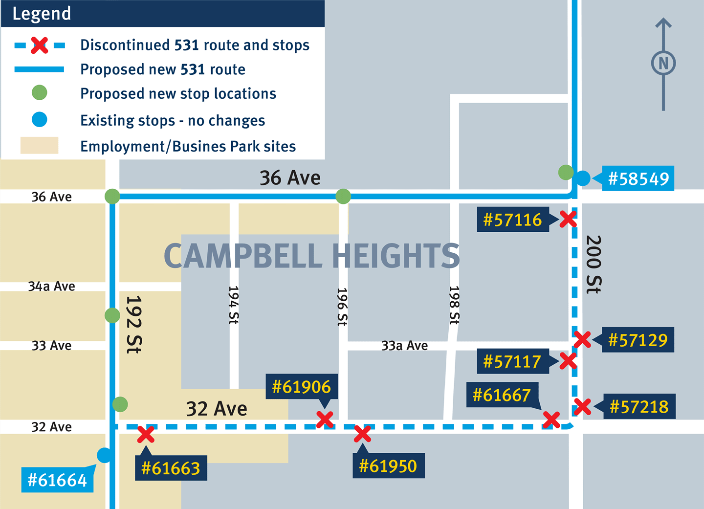 A map of Campbell Heights in White Rock displaying the proposed changes to route 531
