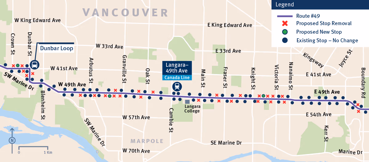 Map of proposed bus stop changes along 49th Avenue in Vancouver