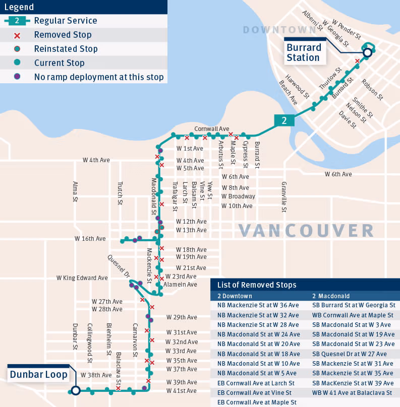 Map displaying the consolidated and removed stops on the 2 Macdonald Downtown
