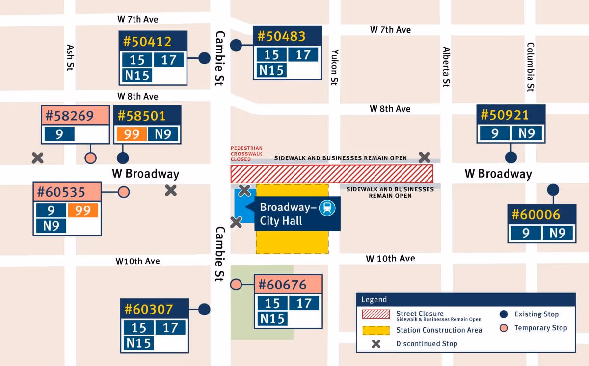 Map showing Broadway Subway reroute