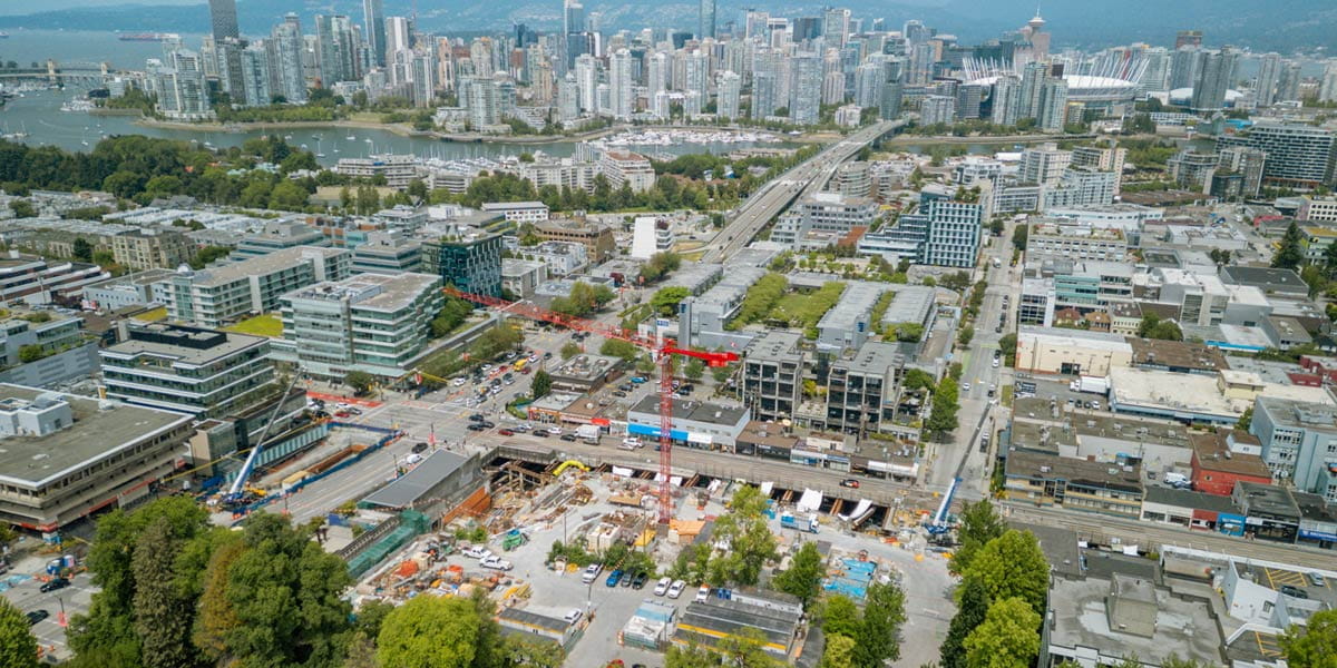 Aerial drone shot of the construction at Cambie-City Hall Station