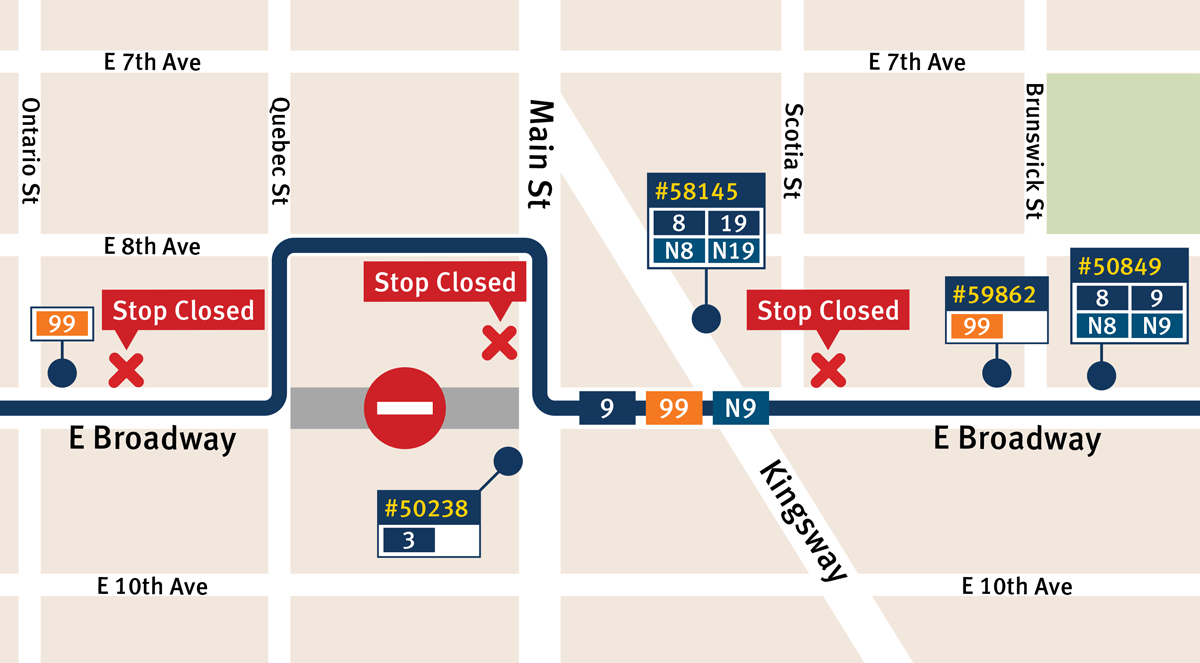 Map of detour on Broadway between Main Street and Quebec Street