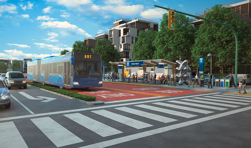 A conceptual illustration of a Bus Rapid Transit (BRT) system showing a modern bus in a designated bus lane approaching a station with waiting passengers.