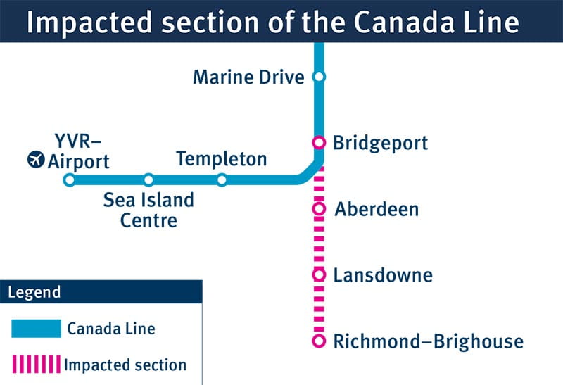 Map of the impacted section of the Canada Line