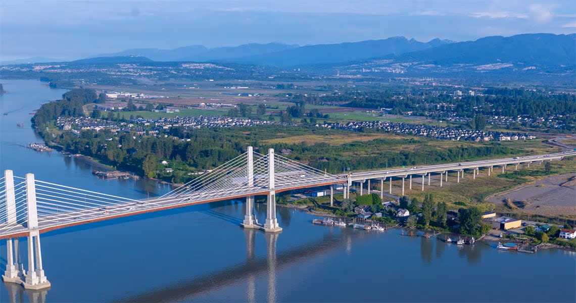 Aerial shot of the Golden Ears Bridge on a sunn day