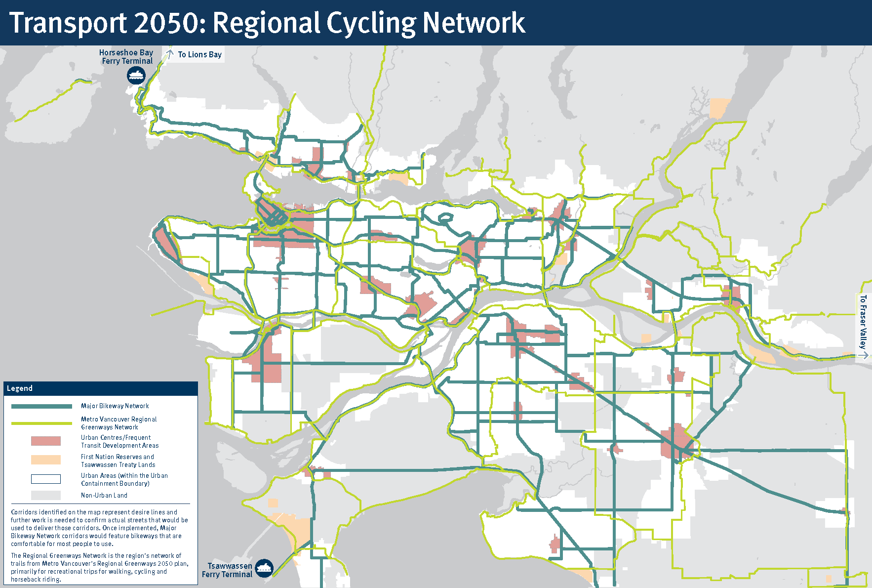 A map outlining regional bike paths across Metro Vancouver
