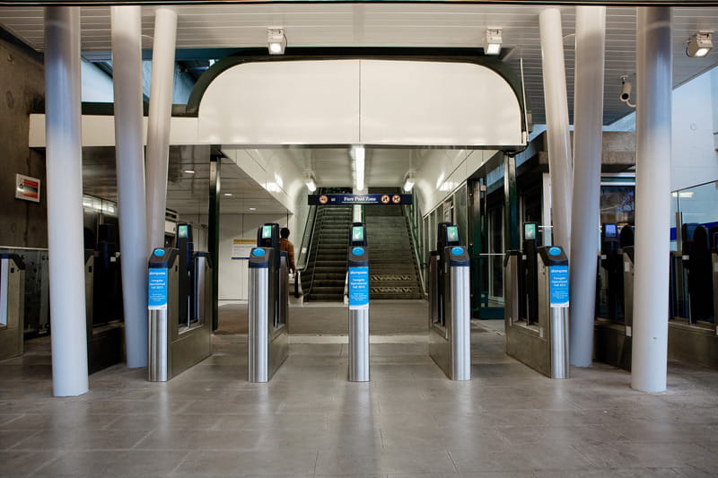 Open fare gates at a SkyTrain station entrance