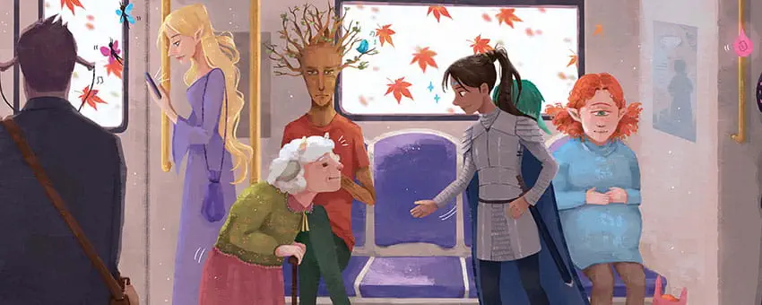 Painting of fantasy characters riding the SkyTrain–a knight gives her seat to an old woman