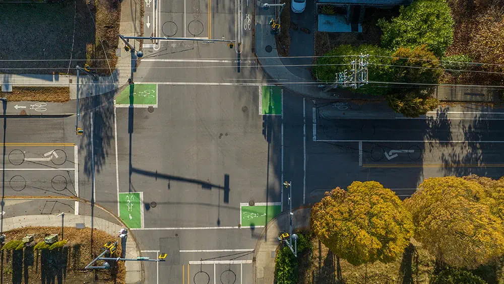 Aerial photograph of cycling wayfinding in Surrey