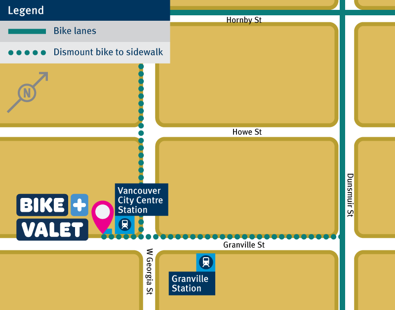 Map showing the intersection of W Georgia St. & Granville St. with the location of the Bike Valet