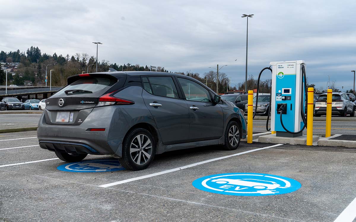 EV parked in front of a BC Hydro EV fast charger.